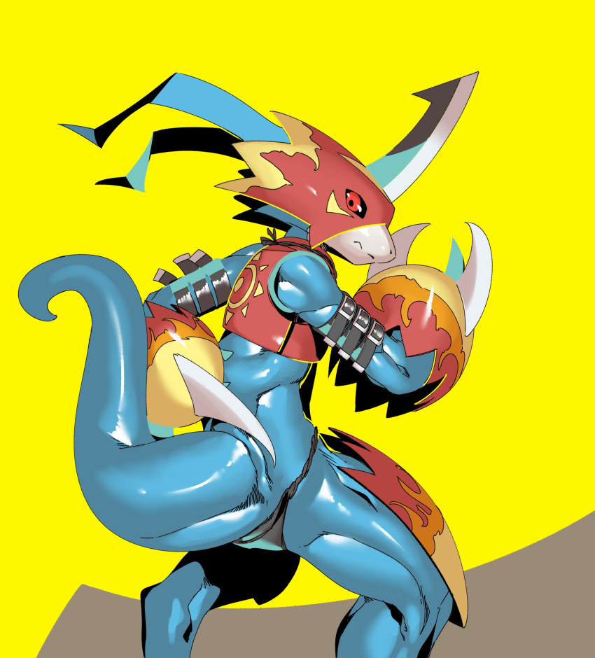 anthro armor asian_clothing athletic athletic_male bandai_namco belt blue_body claws clothing digimon digimon_(species) east_asian_clothing flamedramon fundoshi headgear helmet hi_res japanese_clothing leather male red_eyes skink_hisshiss solo underwear