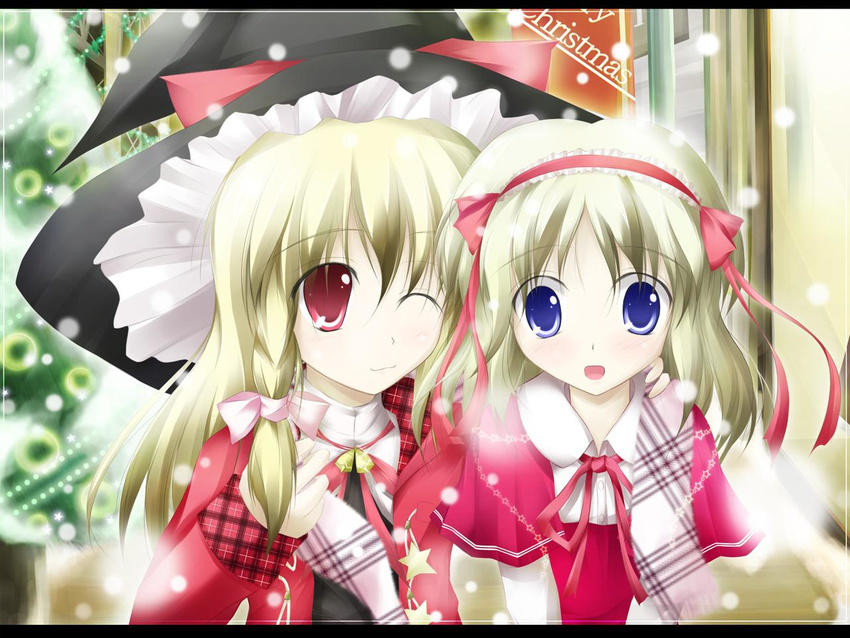 alice_margatroid blonde_hair christmas desuno hat kirisame_marisa multiple_girls scarf touhou witch_hat