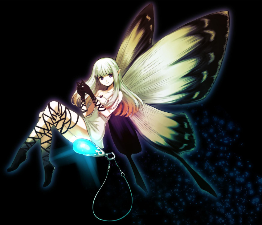 1girl aerie_(bravely_default) bare_shoulders black_gloves bravely_default:_flying_fairy bravely_default_(series) brown_hair dress fairy fairy_wings gloves glowing hands_together highres jewelry long_hair pendant pointy_ears short_dress smile solo strapless strapless_dress thigh_strap white_dress white_hair wings yuunagi_(seventh_heaven)