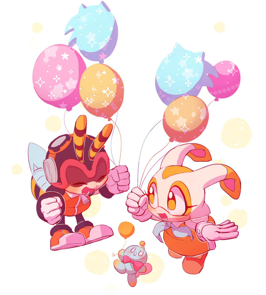 1boy 1girl :d balloon charmy_bee cheese_(sonic) closed_eyes cream_the_rabbit dress full_body gloves happy highres holding holding_balloon open_mouth orange_dress pyungsyu simple_background smile sonic_(series) white_gloves zipper_pull_tab