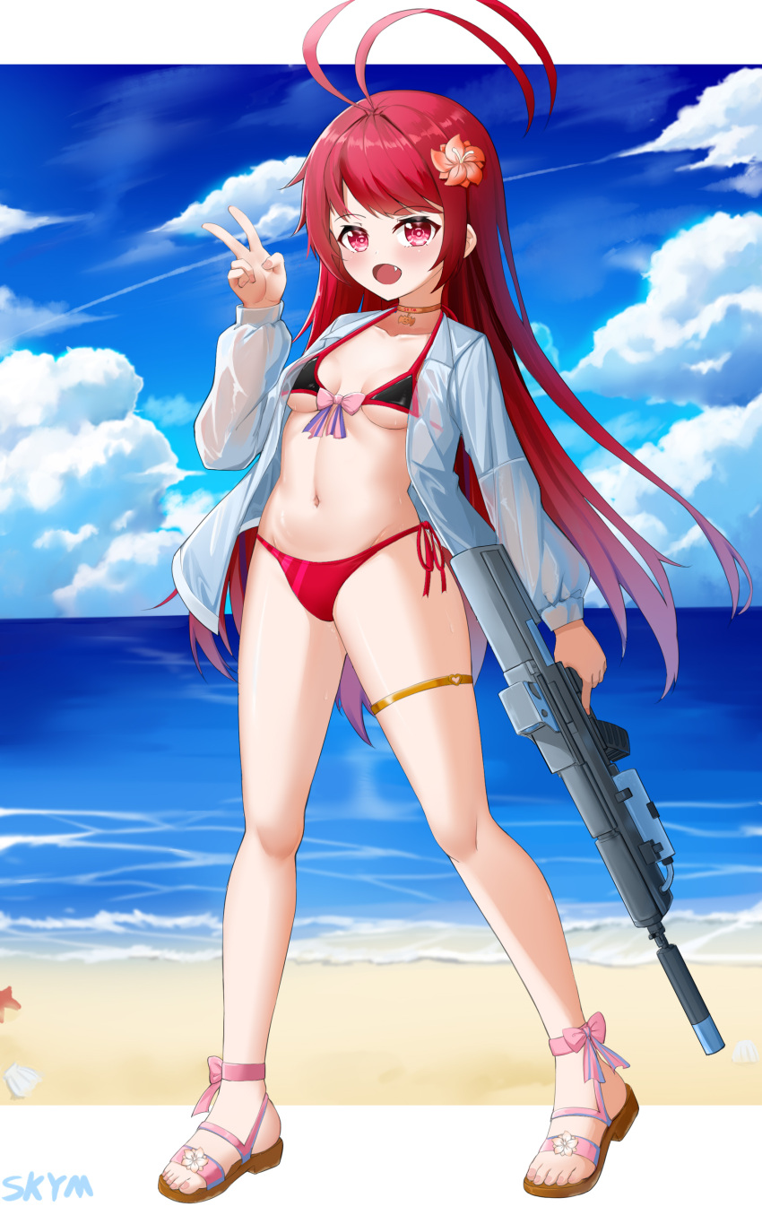 1girl :d absurdres antenna_hair assault_rifle bangs bare_shoulders beach bikini blue_sky breasts choker cleavage cloud cloudy_sky collarbone commentary_request fang flower full_body gun hair_between_eyes hair_flower hair_ornament highres holding holding_gun holding_weapon horizon jacket long_hair looking_at_viewer navel ocean original parted_bangs red_bikini red_eyes red_hair rifle sandals side-tie_bikini sidelocks sky skym_(kumei) smile solo spaghetti_strap stomach swimsuit thighlet trigger_discipline v weapon