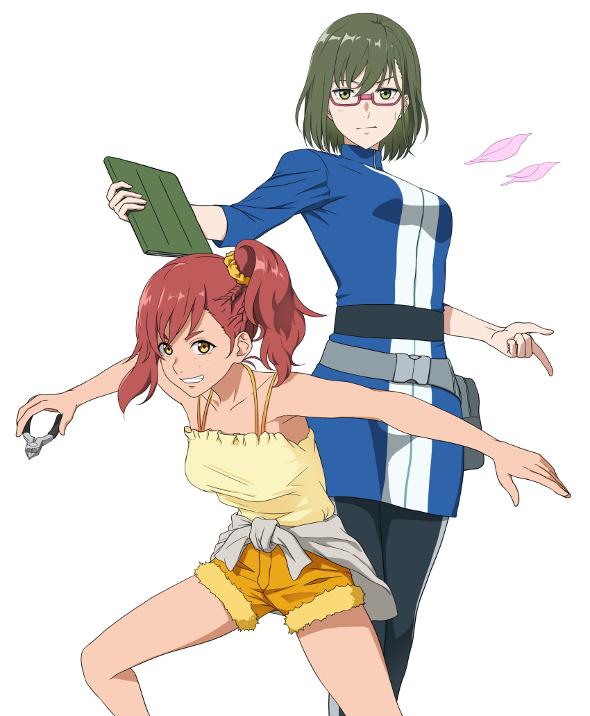 2girls absurdres birdie_wing:_golf_girls'_story brown_hair freckles glasses grin highres holding holding_pliers lily_lipman looking_at_viewer multiple_girls pliers ponytail red_hair shinjou_amane shorts simple_background smile sosona white_background yellow_shorts