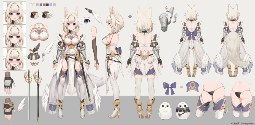 1girl :d absurdres akizone animal_ear_fluff animal_ears back backless_outfit bangs bare_shoulders bird black_gloves black_panties bracer breasts character_sheet closed_mouth clothing_cutout dress expressions fang fingerless_gloves flower from_behind from_side gloves high_heels highres large_breasts looking_at_viewer medium_hair misono_hibiki multiple_views official_art panties puffy_short_sleeves puffy_sleeves purple_eyes short_sleeves simple_background sirius_project smile sword tail thighhighs underboob_cutout underwear virtual_youtuber weapon white_dress white_hair white_legwear yellow_flower