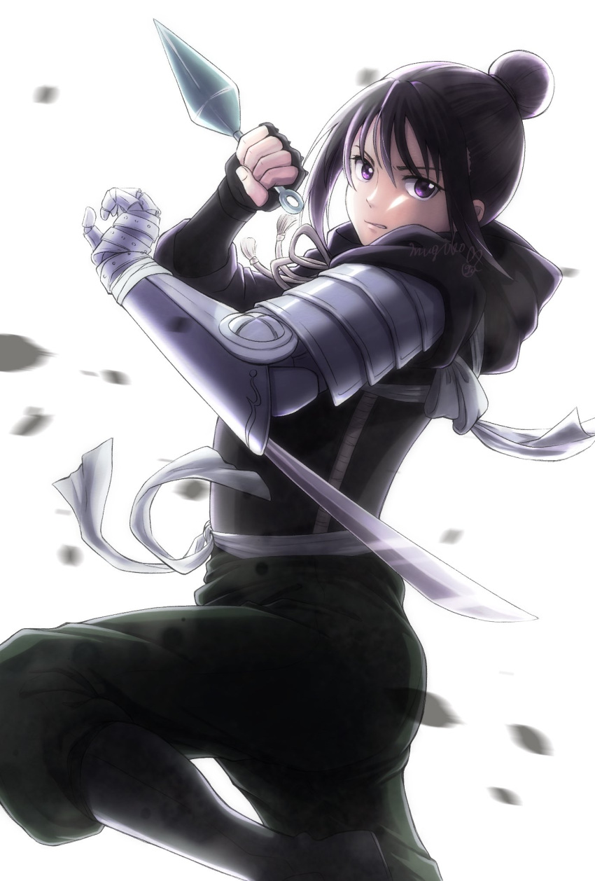 1girl arm_blade armor automail bandaged_hand bandages bangs black_footwear black_gloves black_hair black_pants boots falling_leaves fingerless_gloves from_side fullmetal_alchemist gloves hair_bun hands_up highres holding holding_weapon hood hood_down knee_boots kunai lan_fan leaf long_sleeves looking_at_viewer mugi_exe pants pants_tucked_in purple_eyes sash shoulder_armor sidelocks signature simple_background single_hair_bun solo standing standing_on_one_leg weapon white_background wind