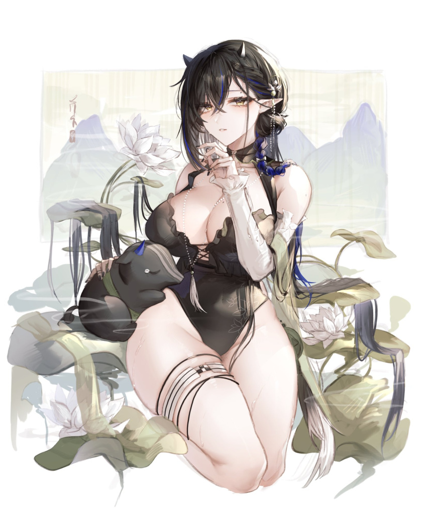 1girl animal arknights baku_(creature) black_hair black_nails black_swimsuit blacknight_(arknights) blacknight_(summer_flowers)_(arknights) blue_hair braid breasts casual_one-piece_swimsuit cleavage detached_sleeves flower green_eyes groin hair_ornament hand_up highres horns jewelry lily_(flower) lily_pad multicolored_hair necklace official_alternate_costume one-piece_swimsuit pearl_necklace pointy_ears seiza sitting solo streaked_hair swimsuit thick_thighs thigh_strap thighs white_flower white_sleeves yodaka_sansei