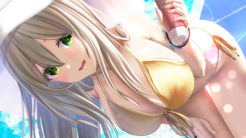 1girl bangs bare_shoulders bikini blue_archive blush breasts cleavage collarbone green_eyes hat highres large_breasts leaning_forward long_hair looking_at_viewer lotion_bottle nonomi_(blue_archive) nonomi_(swimsuit)_(blue_archive) open_mouth solo sun_hat swimsuit thighs totororo white_headwear yellow_bikini