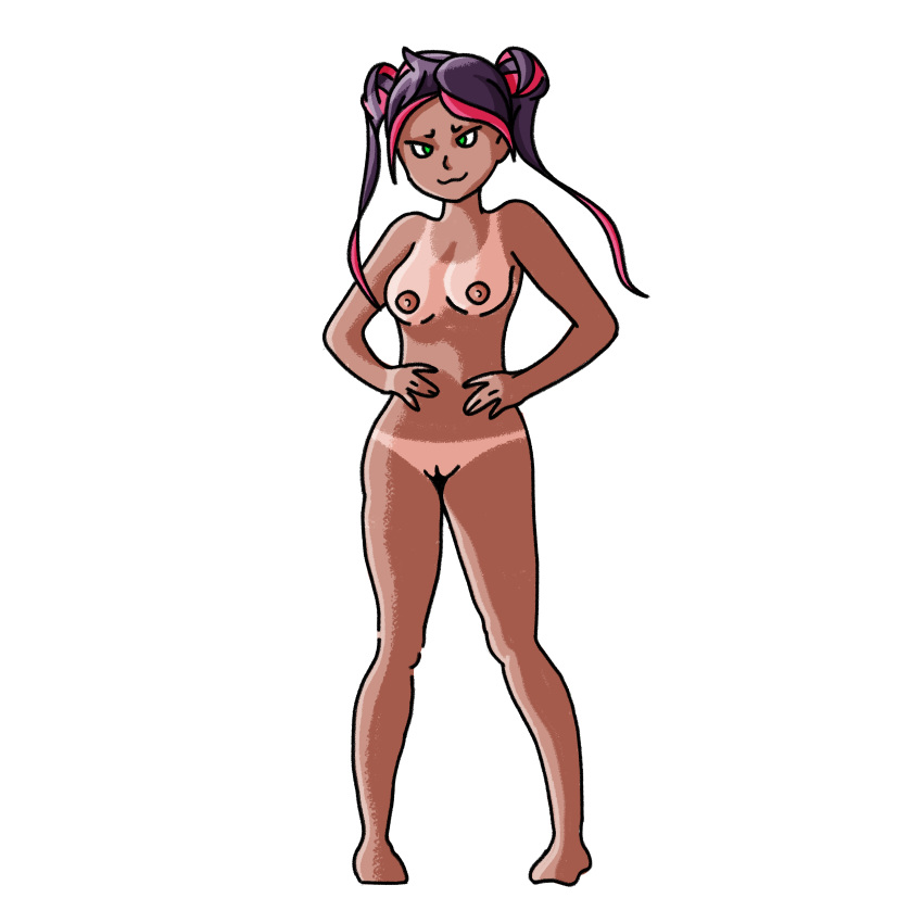 absurd_res female genitals green_eyes hair hi_res human kit mammal markings mei_day not_furry nude purple_hair pussy solo sun_(marking) tanned_skin