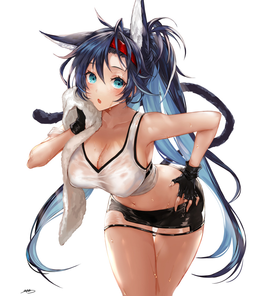 1girl animal_ears apt arknights bangs black_gloves black_hair black_skirt blaze_(arknights) blue_eyes blush breasts cat_ears cat_tail cleavage collarbone drying extra_ears gloves hairband highres huge_breasts long_hair looking_at_viewer midriff miniskirt narrow_waist navel open_mouth ponytail red_hairband shirt skirt solo sweat tail thighs towel very_long_hair white_background white_shirt