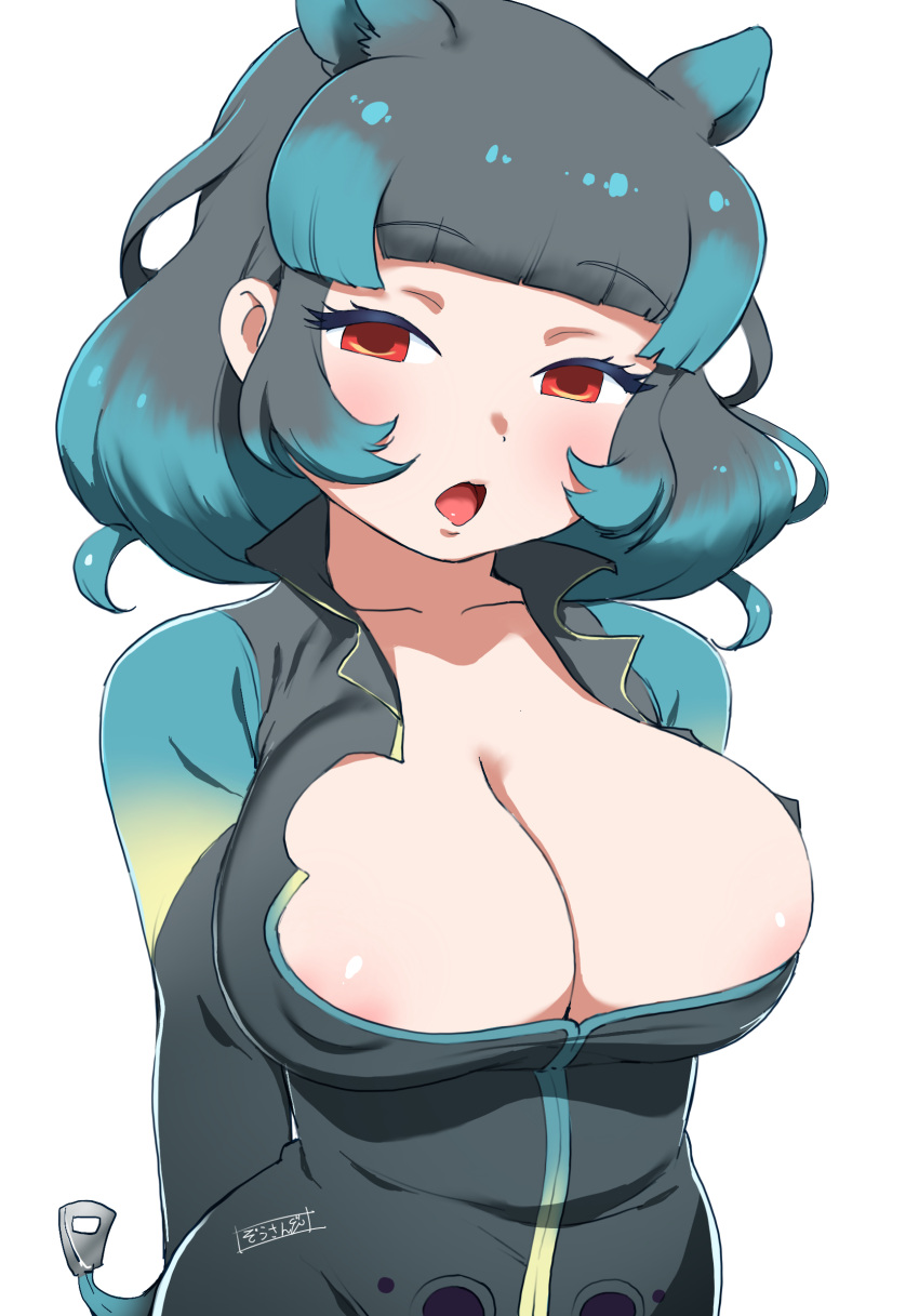 1girl animal_ears areola_slip arms_behind_back bangs blunt_bangs bodysuit breasts cleavage collarbone commentary_request covered_nipples extra_ears eyelashes fake_tail green_hair half-closed_eyes highres hippopotamus_ears hippopotamus_gorgops_(kemono_friends) kemono_friends large_breasts long_sleeves looking_at_viewer masuyama_ryou medium_hair multicolored_hair open_mouth partially_unzipped red_hair sidelocks simple_background skindentation solo tail upper_body white_background zipper zipper_pull_tab