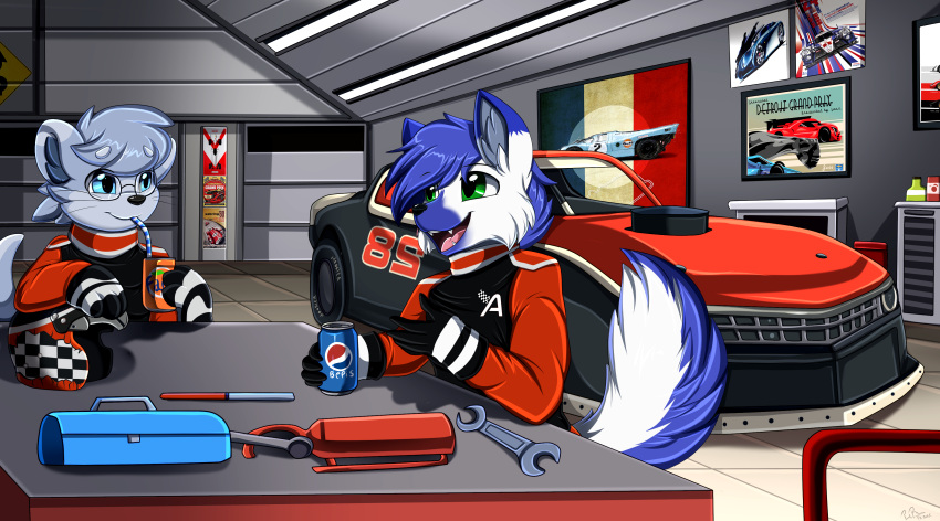 2022 absurd_res anthro canid canine car digital_media_(artwork) drinking eyewear fanta female fox fur glasses hi_res juice_can lutrine male mammal multicolored_body multicolored_fur mustelid open_mouth pepsi pridark product_placement race_car straw tools vehicle workshop wrench