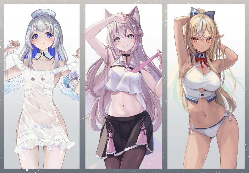 3girls absurdres amane_kanata angel_wings armband armpits arms_up bandaged_arm bandages bangs bare_arms bare_shoulders bikini blonde_hair blue_eyes blue_hair braid breasts cleavage closed_mouth collar collarbone colored_inner_hair covered_navel cowboy_shot coyote_ears coyote_girl coyote_tail dark-skinned_female dark_skin detached_collar double_bun dress dripping elf frilled_dress frilled_skirt frills groin hair_bun hair_ornament hair_ribbon hakui_koyori hands_up hat highres holding holding_clothes holding_dress hololive id_card intravenous_drip long_hair looking_at_viewer medium_breasts midriff multicolored_hair multiple_girls navel necktie nude nurse_cap pantyhose pi_tayuko pink_hair pointy_ears ponytail pose red_eyes ribbon see-through see-through_dress shiranui_flare skirt smile standing streaked_hair swimsuit tan thighs virtual_youtuber wavy_hair wet white_background white_collar white_hair wide_hips wings x_hair_ornament