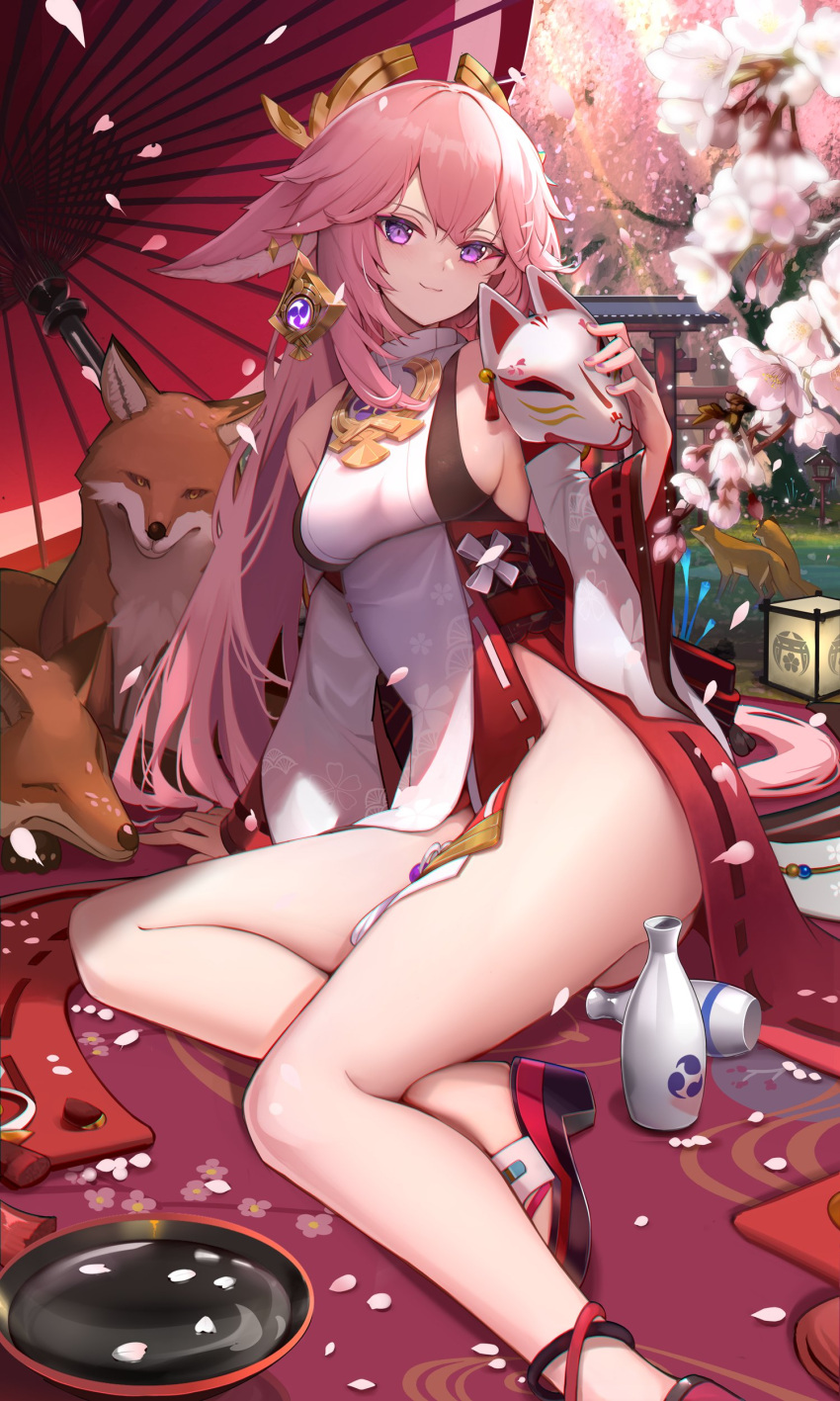 1girl absurdres animal animal_ears bare_legs bare_shoulders breasts cherry_blossoms closed_mouth detached_sleeves earrings fox fox_ears fox_mask genshin_impact headdress highres holding hukahire0120 jewelry long_hair long_sleeves looking_at_viewer mask medium_breasts no_panties oil-paper_umbrella petals pink_hair purple_eyes shirt sideboob sitting smile solo thighs umbrella very_long_hair vision_(genshin_impact) white_shirt wide_sleeves yae_miko yokozuwari