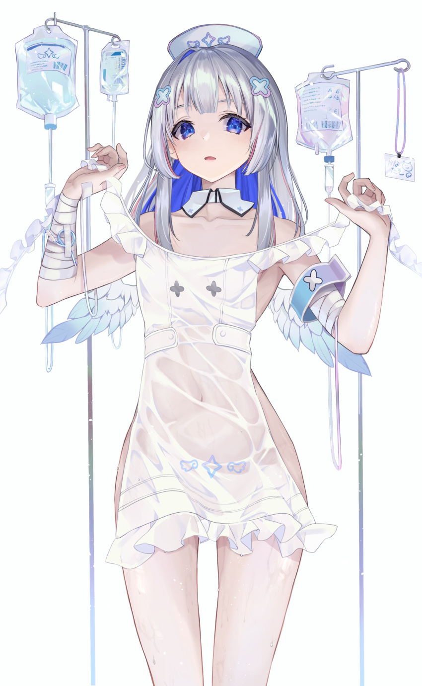 1girl absurdres amane_kanata angel_wings armband bandaged_arm bandages bangs blue_eyes blue_hair collar collarbone colored_inner_hair covered_navel cowboy_shot detached_collar dress frilled_dress frills hair_ornament hat highres holding holding_clothes holding_dress hololive id_card intravenous_drip long_hair looking_at_viewer multicolored_hair nude nurse_cap open_mouth pi_tayuko see-through see-through_dress solo standing streaked_hair thighs wet white_background white_collar white_hair wings x_hair_ornament