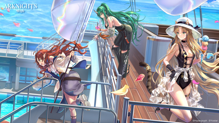 3girls absurdres ahoge animal_ears aratakosu_(tako's) arknights bad_link black_choker black_footwear black_gloves black_ribbon black_swimsuit black_tank_top blonde_hair blue_legwear boat breasts casual_one-piece_swimsuit center_opening chair choker cleavage clothes_around_waist commentary company_name copyright_name drink dutch_angle ears_through_headwear english_commentary gloves green_eyes hat hat_ribbon highres holding holding_drink holding_ice_cream horns hoshiguma_(arknights) ice_cream_cone jewelry long_hair medium_breasts multiple_girls myrtle_(arknights) necklace o-ring official_art one-piece_swimsuit oni_horns outdoors partially_fingerless_gloves pearl_necklace petals ponytail red_hair ribbon sandals see-through see-through_shirt shirt shirt_around_waist sideboob single_glove single_horn skin-covered_horns socks stairs standing standing_on_one_leg swimsuit swire_(arknights) table tail tank_top thigh_strap tiger_ears tiger_girl tiger_tail very_long_hair waffle_cone water watercraft watermark white_footwear white_headwear white_shirt yellow_eyes