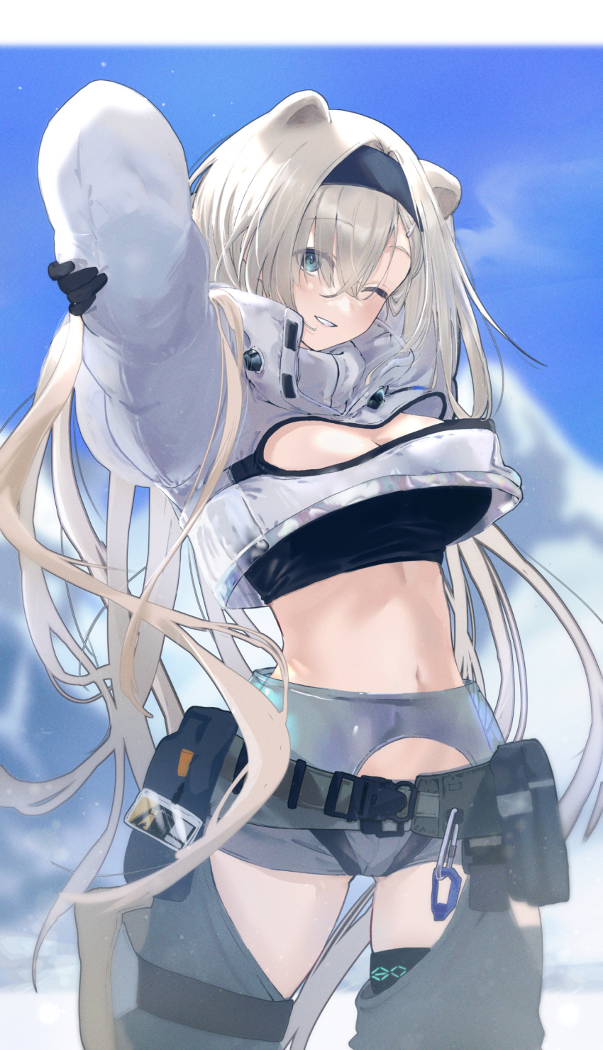 1girl ;d animal_ears arknights arms_behind_head aurora aurora_(arknights) bear_ears bear_girl black_gloves black_hairband black_shirt blue_background blue_eyes breasts cleavage clothing_cutout cowboy_shot cropped_jacket cropped_shirt gloves grey_hair grey_shorts hair_over_one_eye hairband highres infection_monitor_(arknights) jacket konota_ko large_breasts long_sleeves micro_shorts midriff navel one_eye_closed parted_lips shirt shorts simple_background smile solo thigh_cutout thighlet white_jacket