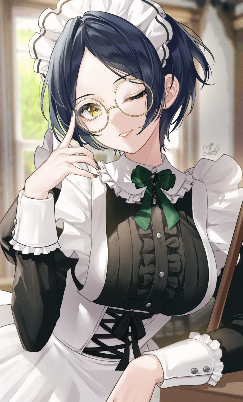 1girl absurdres alternate_costume apron arm_rest bangs black_nails black_shirt blue_hair blurry blurry_background bow bowtie breasts collar dark_blue_hair enmaided frilled_collar frilled_shirt frills glasses green_bow green_bowtie grin hand_on_eyewear hayami_kanade highres idolmaster idolmaster_cinderella_girls large_breasts long_sleeves looking_at_viewer maid maid_apron maid_headdress mairo parted_bangs round_eyewear shirt short_hair sidelocks smile solo wrist_cuffs yellow-framed_eyewear yellow_eyes