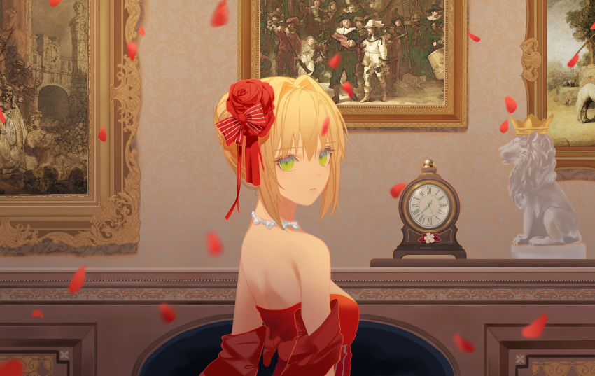 1girl ahoge bangs blonde_hair blush bow breasts choker closed_mouth crown dress fate/extra fate/grand_order fate_(series) flower green_eyes hair_bow hair_flower hair_ornament highres lion looking_at_viewer nero_claudius_(fate) nero_claudius_(fate/extra) painting_(medium) petals picture_(object) red_bow red_dress red_flower red_headwear ribbon short_hair sleeveless sleeveless_dress solo tr_(hareru) traditional_media