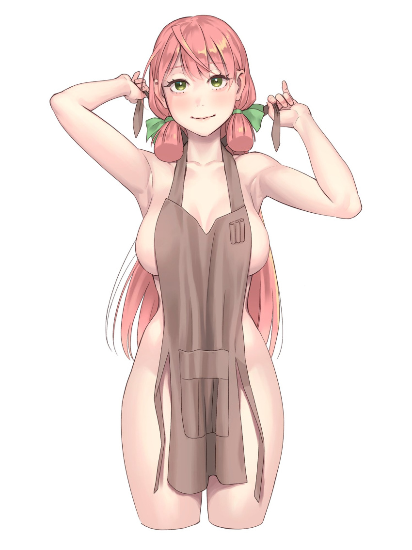 1girl akashi_(kancolle) apron arm_up armpits arms_up blunt_tresses blush breasts closed_mouth collarbone cowboy_shot cropped_legs green_eyes hair_ribbon highres kantai_collection large_breasts long_hair looking_at_viewer naked_apron pink_hair ribbon simple_background smile solo thighs tress_ribbon very_long_hair white_background yuuji_(and)