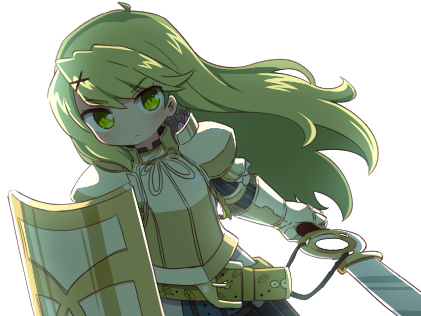 1girl 7th_dragon 7th_dragon_(series) armor armored_dress bangs black_dress breastplate closed_mouth dress gauntlets green_eyes green_hair hair_between_eyes hair_ornament highres holding holding_sword holding_weapon kate_(7th_dragon) knight_(7th_dragon) long_hair looking_at_viewer naga_u shield simple_background solo striped striped_dress sword vertical-striped_dress vertical_stripes very_long_hair weapon white_background x_hair_ornament