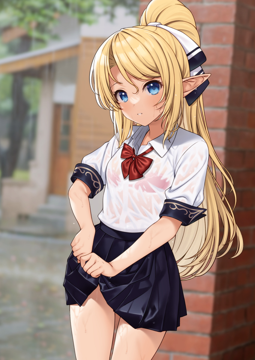 1girl absurdres black_skirt blonde_hair blue_eyes blurry blurry_background bow bowtie breasts brick_wall cowboy_shot day elf enjo_kouhai hair_ribbon highres iris_(takunomi) light_blush long_hair looking_at_viewer outdoors pointy_ears ponytail red_bow red_bowtie ribbon see-through shirt short_sleeves skirt solo takunomi thighs very_long_hair wet wet_clothes white_ribbon white_shirt wing_collar wringing_clothes wringing_skirt