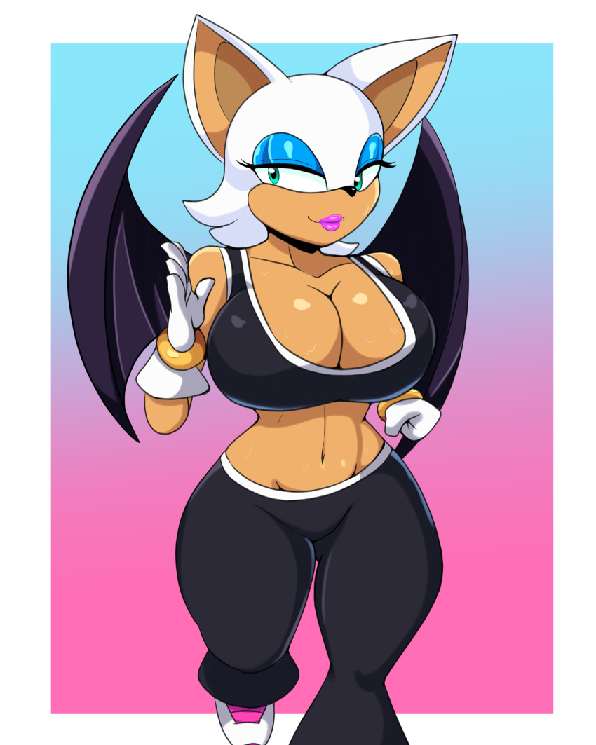 absurd_res anthro big_breasts bottomwear bra breasts chiropteran cleavage clothed clothing eyeshadow female gloves handwear hi_res iggy_bomb jogging lipstick makeup mammal midriff pants rouge_the_bat sega solo sonic_the_hedgehog_(series) sports_bra underwear wings