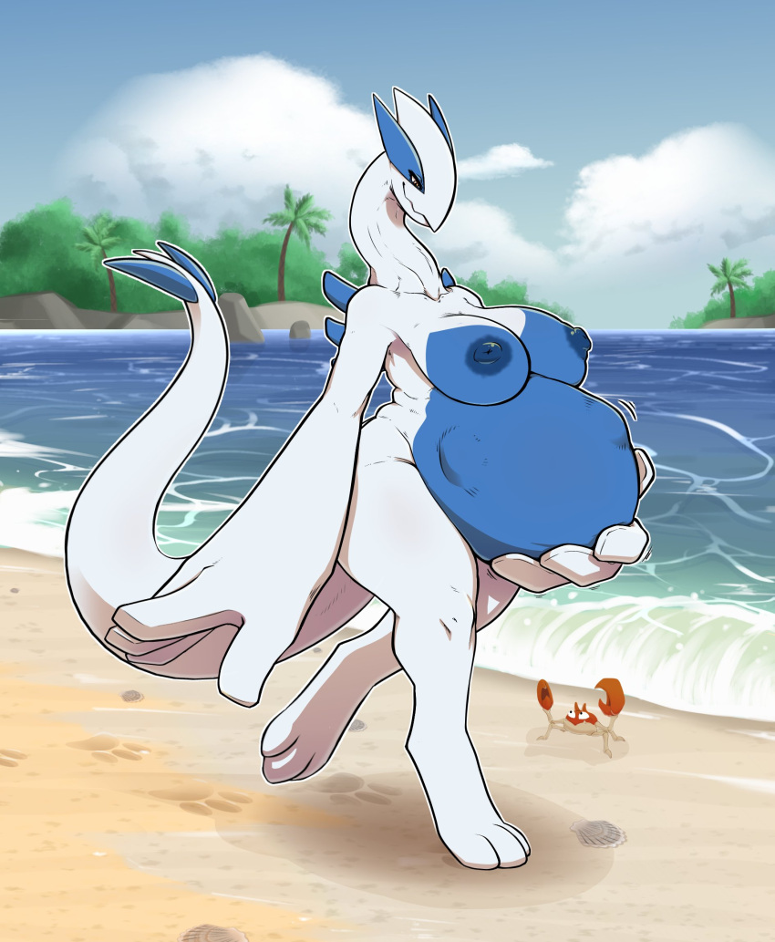3_toes 4_fingers anthro anthrofied beach belly big_belly big_breasts blue_body breasts day feet female fingers full-length_portrait hand_on_stomach hi_res krabby legendary_pok&eacute;mon lugia motion_lines multicolored_body nintendo nipples nude outside papa_soul pok&eacute;mon pok&eacute;mon_(species) pok&eacute;morph portrait pregnant seaside solo standing toes two_tone_body unborn_kicking video_games water white_body