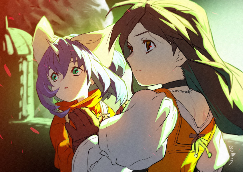 2girls bodysuit bow brown_eyes brown_hair choker eiko_carol final_fantasy final_fantasy_ix garnet_til_alexandros_xvii gloves green_eyes hair_bow highres holding_hands horns jewelry long_hair looking_to_the_side multiple_girls nanpou_(nanpou0021) necklace orange_bodysuit orange_shirt overalls parted_lips puffy_sleeves purple_hair shirt short_hair single_horn turtleneck upper_body white_shirt