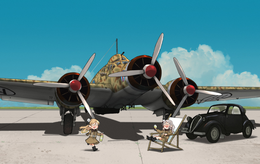 2girls aircraft aircraft_request airplane annin_musou blue_sky bottle camouflage car chair closed_eyes cloud commentary_request day engine fairy_(kancolle) grey_hair ground_vehicle kantai_collection landing_gear long_hair lounge_chair minigirl motor_vehicle multiple_girls outdoors pola_(kancolle) propeller running s.m.79 sky vehicle_request zara_(kancolle)