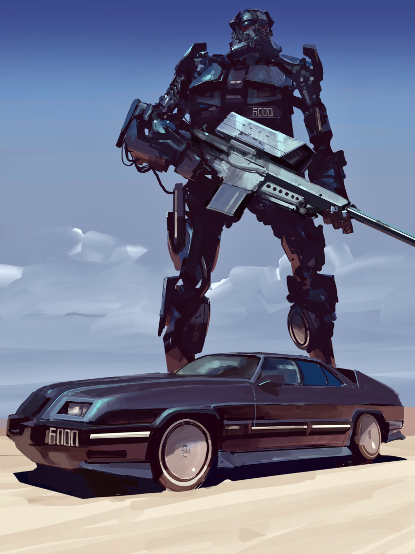 6000_sux car cloud ground_vehicle gun highres holding holding_gun holding_weapon looking_up mechanization motor_vehicle no_humans red_eyes rifle rintaro_komori robocop science_fiction sky sniper_rifle weapon