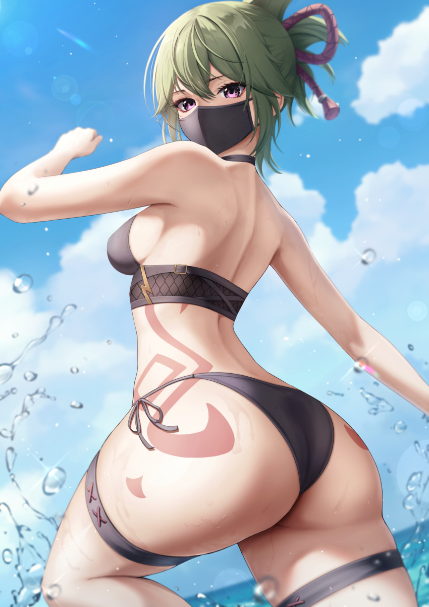 1girl ass back bikini black_bikini black_mask blue_sky body_markings breasts cloud from_behind genshin_impact green_hair highres kuki_shinobu looking_at_viewer looking_back marinesnow mask medium_breasts mouth_mask non-web_source purple_eyes rope shimenawa short_ponytail side-tie_bikini sky solo splashing swimsuit thigh_strap water