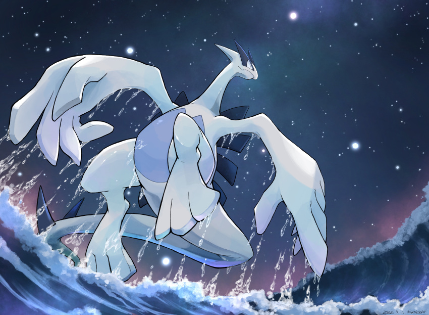 absurdres black_eyes closed_mouth commentary_request dripping from_below highres katkichi lugia night night_sky no_humans outdoors pokemon pokemon_(creature) sky solo star_(sky) starry_sky water waves