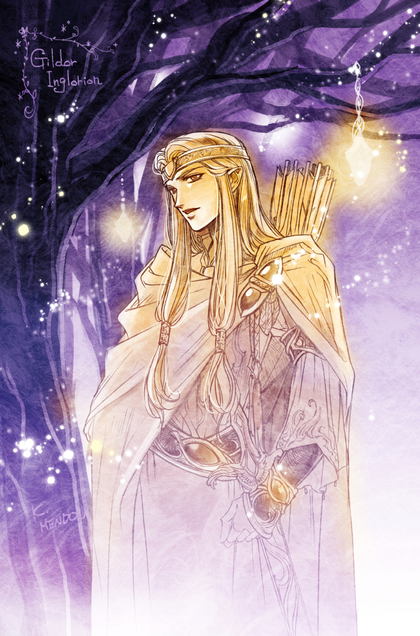 1boy arrow_(projectile) belt circlet gildor highres kazuki-mendou long_hair looking_at_viewer male_focus parted_lips pointy_ears quiver robe signature solo standing the_silmarillion tolkien's_legendarium tree