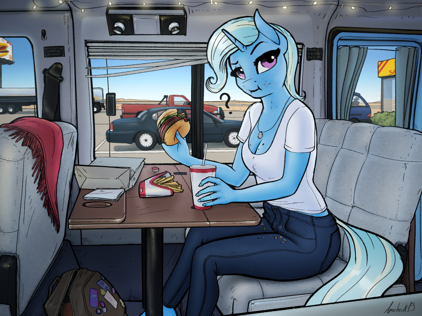 absurd_res anthro anthrofied apocheck13 bag blue_body blue_hair blue_skin blue_tail breasts burger car clothing container cup eating equid equine female fingers food friendship_is_magic fries hair hasbro hi_res holding_food holding_object horn jewelry mammal medium_truck my_little_pony nails necklace parking_lot purple_eyes question_mark sitting straw trixie_(mlp) truck truck_(vehicle) unicorn van vehicle
