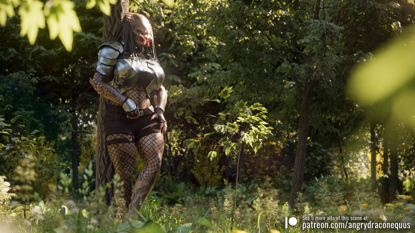16:9 3d_(artwork) absurd_res against_natural_surface against_surface against_tree alien angrydraconequus armor bokeh bottomwear clothed clothing detailed_background digital_media_(artwork) female fishnet fishnet_armwear fishnet_clothing fishnet_legwear fishnet_topwear hair hi_res humanoid legwear muscular muscular_female nature not_furry outside plant predator_(franchise) shorts solo standing thick_thighs topwear tree widescreen yautja