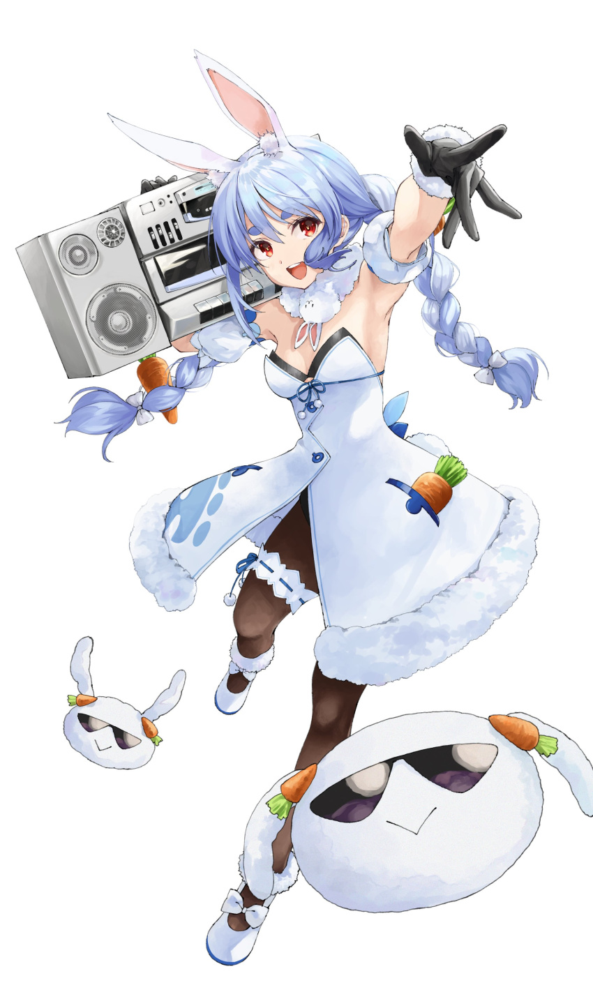 1girl :d absurdres animal_ears anno_masato black_gloves blue_hair bow braid breasts brown_legwear carrot_hair_ornament carrying_over_shoulder detached_sleeves don-chan_(usada_pekora) dress extra_ears food-themed_hair_ornament gloves hair_bow hair_ornament highres holding hololive long_hair multicolored_hair nousagi_(usada_pekora) pantyhose rabbit_ears radio red_eyes shoes short_sleeves small_breasts smile solo strapless strapless_dress streaked_hair thick_eyebrows twin_braids twintails usada_pekora virtual_youtuber white_bow white_dress white_footwear white_hair