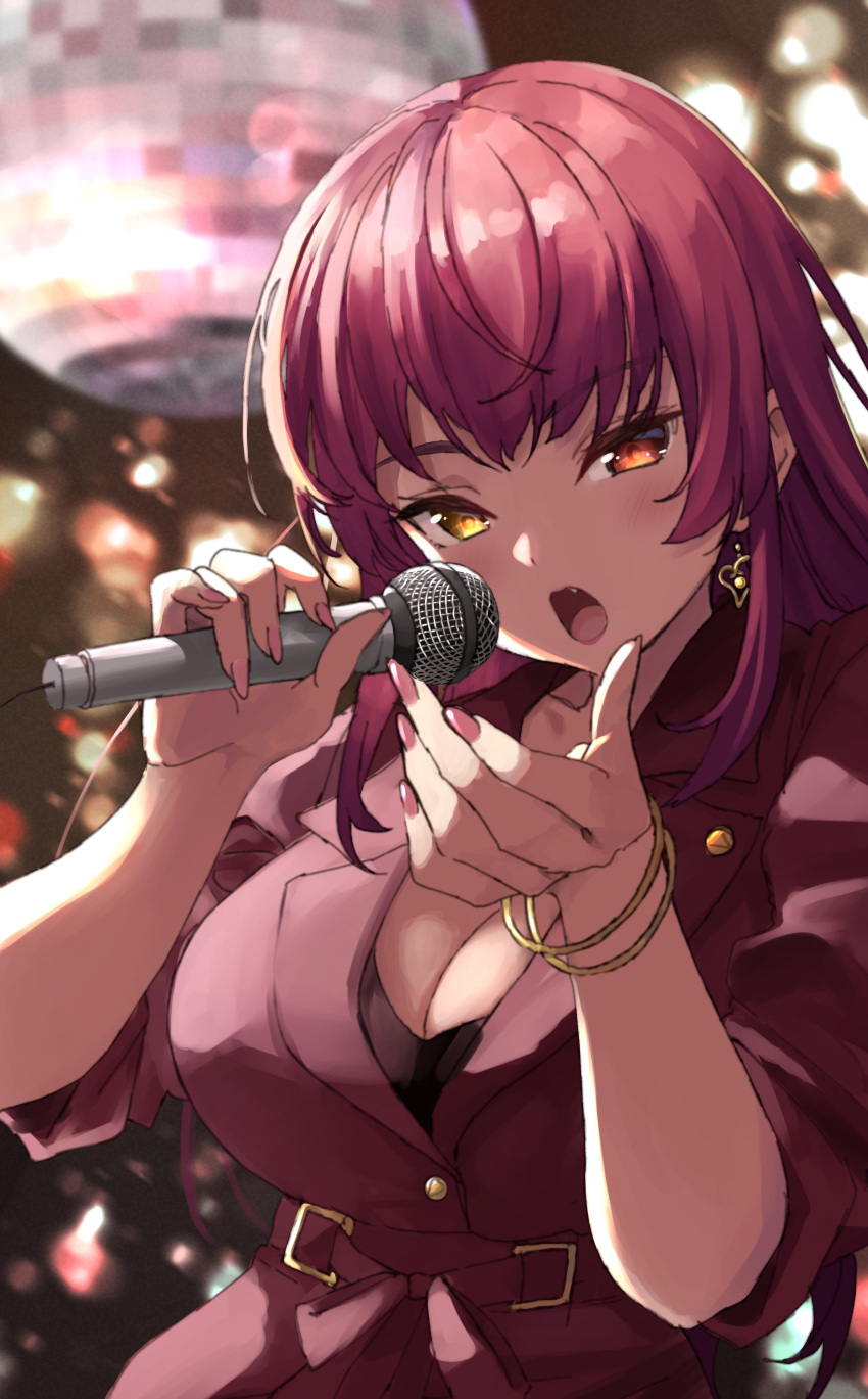 1girl absurdres anno_masato blush bracelet breasts cleavage disco_ball earrings fang heart heart_earrings heterochromia highres holding holding_microphone hololive houshou_marine jewelry large_breasts long_hair microphone nail_polish open_mouth pink_nails red_eyes red_hair red_shirt shirt short_sleeves solo upper_body virtual_youtuber yellow_eyes
