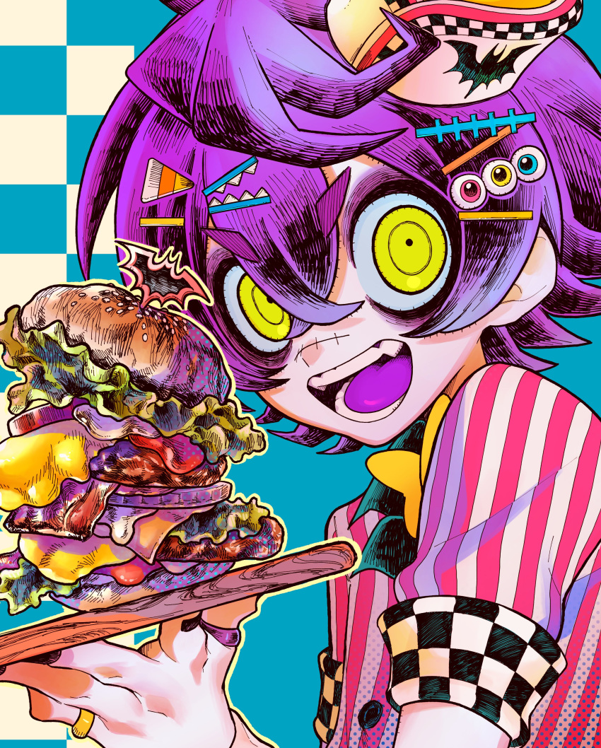1boy absurdres burger character_request cheese child commentary food hair_between_eyes highres holding holding_food indie_virtual_youtuber jewelry lettuce looking_at_viewer male_child male_focus meat purple_hair ring setoya0102 sticker symbol-only_commentary tray yellow_eyes youtube