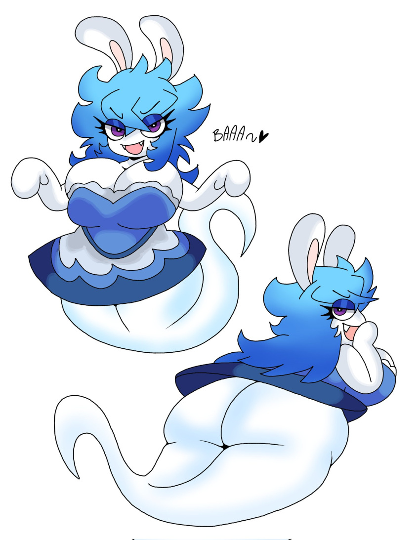 &lt;3 anthro big_breasts big_butt blue_hair breasts butt cleavage clothed clothing dress english_text female ghost hair half-closed_eyes hi_res lagomorph leporid lewd_dorky looking_at_viewer looking_back mammal mario_bros mario_plus_rabbids_sparks_of_hope narrowed_eyes nintendo open_mouth purple_eyes rabbid rabbid_ghost_girl rabbit raving_rabbids rayman_(series) solo spirit text thick_thighs ubisoft video_games white_body