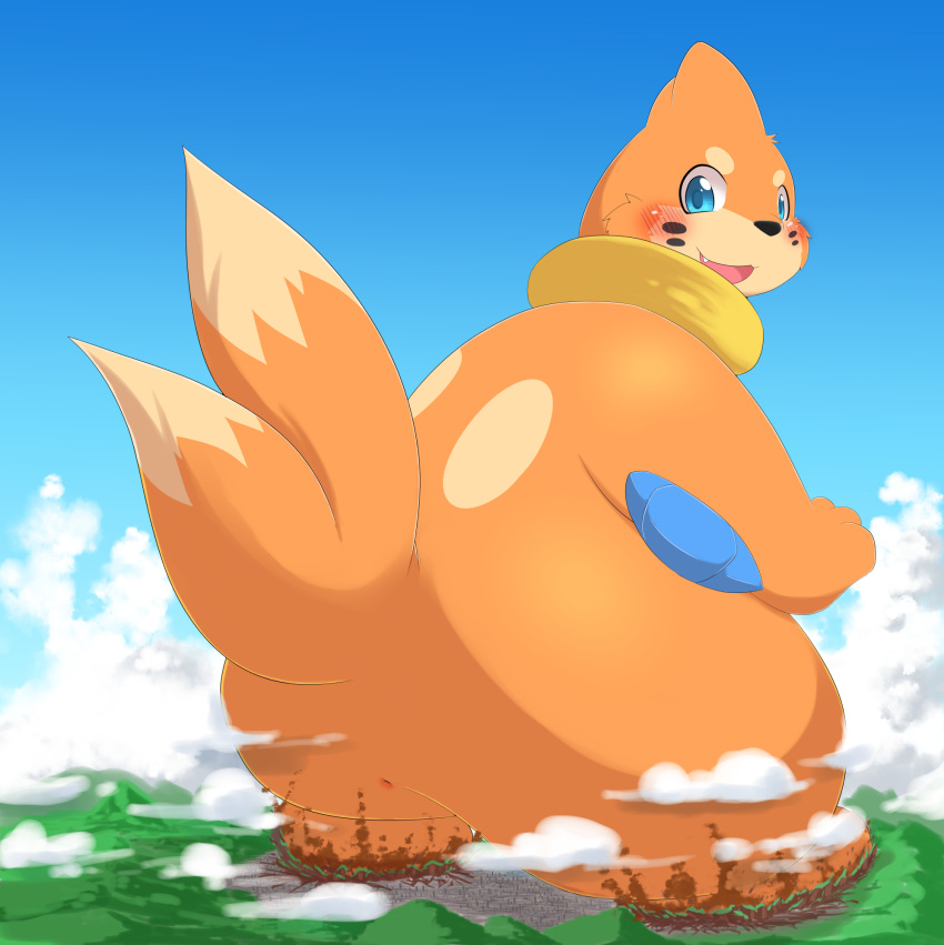 2017 2_tails blush buizel cloud destruction fur hi_res kify looking_back macro male multi_tail nintendo orange_body orange_fur pok&eacute;mon pok&eacute;mon_(species) sky stomping video_games