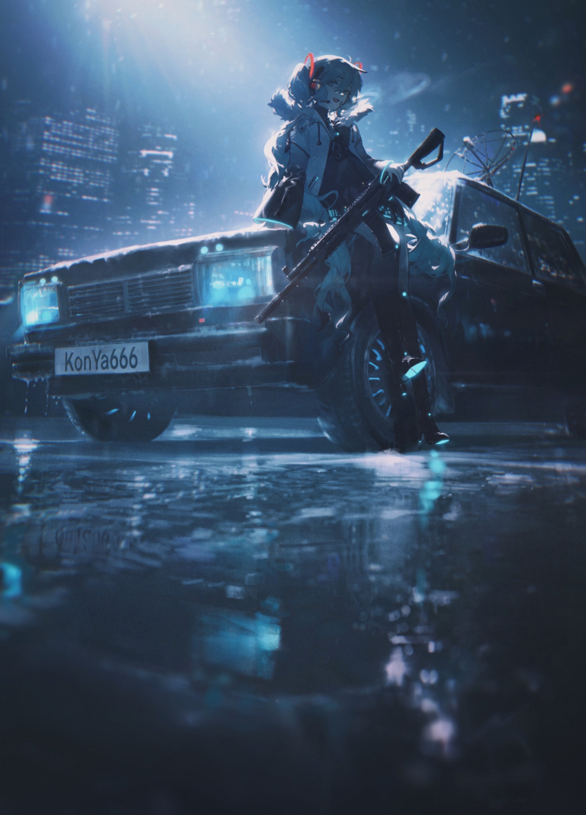 1girl absurdres artist_name assault_rifle bangs black_legwear blue_eyes blue_hair blurry boots building car city city_lights coat depth_of_field ground_vehicle gun hair_ornament hatsune_miku headlight headset highres holding holding_gun holding_weapon hood konya_karasue license_plate long_sleeves looking_at_viewer motor_vehicle night outdoors rain reflection reflective_floor rifle satellite_dish sitting skyscraper solo twintails vocaloid water weapon white_coat