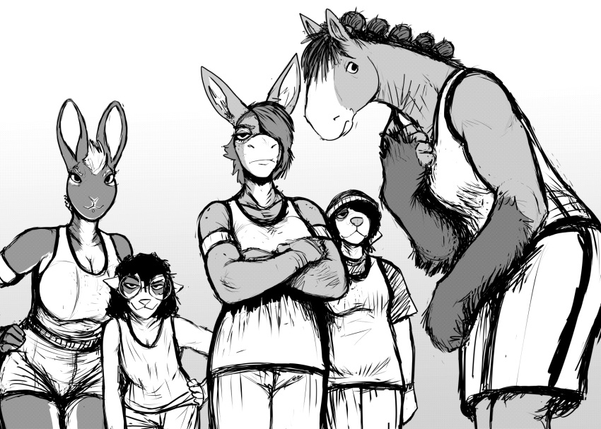 2022 anthro asinus basketball_uniform beanie bottomwear breasts canid canine canis cleavage clothed clothing clydesdale crossed_arms didelphid domestic_dog donk_sis donkey draft_horse equid equine female gradient_background greyscale group hand_on_hip hat headgear headwear hi_res hladilnik horse lagomorph leporid mammal marsupial marylin_(hladilnik) michelle_(hladilnik) monochrome pro_bun_(hladilnik) rabbit shorts simple_background sportswear tinker_(hladilnik) uniform