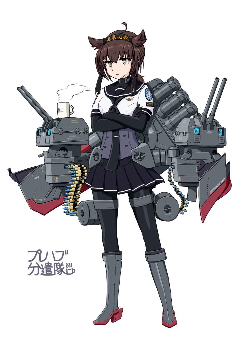 1girl absurdres ahoge ammunition_belt anchor_symbol black_bodysuit black_headband black_neckerchief black_sailor_collar bodysuit boots brown_hair cartridge chou-10cm-hou-chan chou-10cm-hou-chan_(hatsuzuki's) clothes_writing coffee_mug commentary corset crossed_arms cup hachimaki hair_flaps hairband hatsuzuki_(kancolle) headband highres kantai_collection knee_boots mug neckerchief pantyhose rigging sailor_collar samusara school_uniform serafuku short_hair shoulder_patches solo steam translation_request white_background yellow_eyes