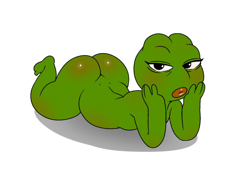 2017 amphibian anthro big_butt black_eyes blush boy's_club butt eyelashes frog girly glistening glistening_butt green_body green_skin hairless head_in_hands lips lying male meme on_front pepe_the_frog simple_background solo sqoon thick_lips