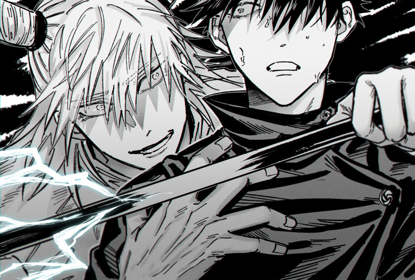 2boys bangs buttons clenched_teeth commentary_request double_bun electricity eyelashes face fingernails fushiguro_megumi fushirun_rung hair_bun hair_over_one_eye high_collar highres holding holding_weapon jacket jujutsu_kaisen kashimo_hajime korean_commentary long_sleeves looking_at_another male_focus monochrome multiple_boys school_uniform short_hair sidelocks smirk spiked_hair sweatdrop teeth upper_body weapon yaoi