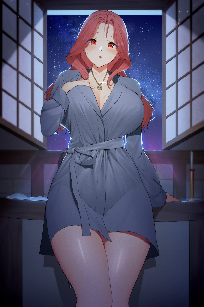 1girl absurdres bangs bathrobe blush breasts cleavage collarbone hand_on_own_chest highres huge_breasts indoors jewelry long_hair looking_at_viewer migu_(iws2525) moon moonlight necklace night night_sky original red_eyes red_hair revision sky solo star_(sky) starry_sky thighs window