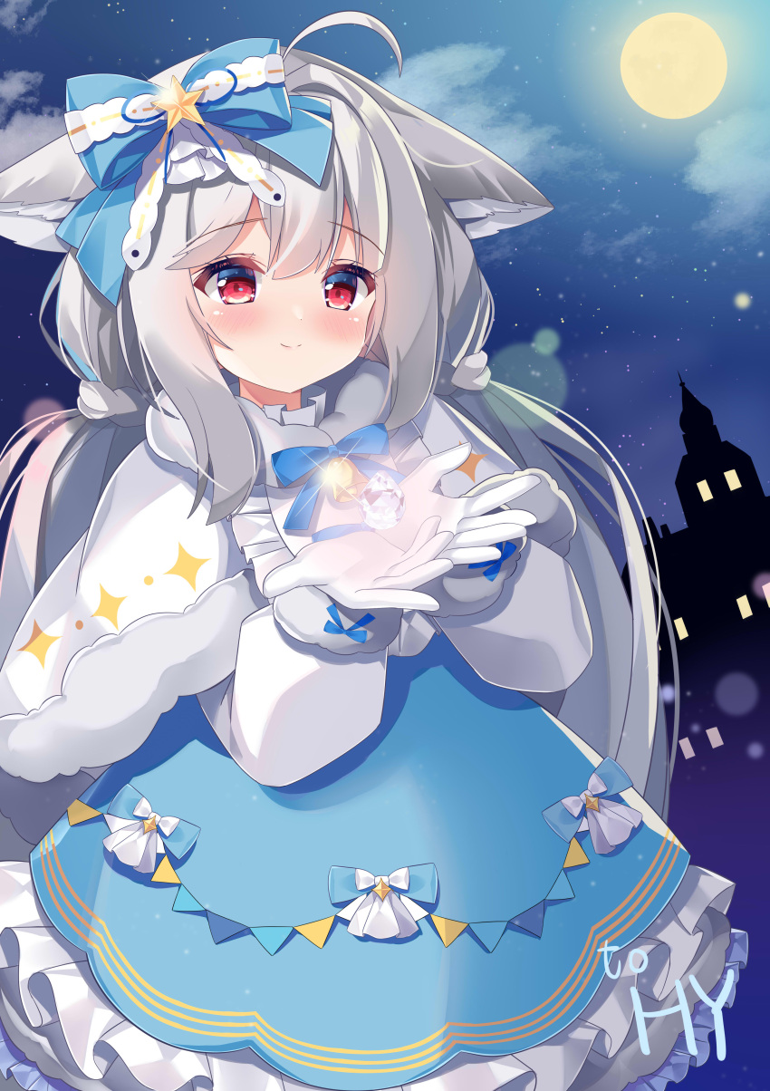 1girl absurdres ahoge animal_ear_fluff animal_ears bangs blue_dress blush bow cape closed_mouth cloud cowboy_shot dress dress_bow fengshen_chino fox_ears fox_girl frilled_dress frills full_moon fur_trim gloves grey_hair hair_bow hair_over_shoulder highres long_hair long_sleeves low_twintails moon night original outdoors red_eyes sidelocks sky smile solo star_(sky) starry_sky twintails very_long_hair white_dress white_gloves