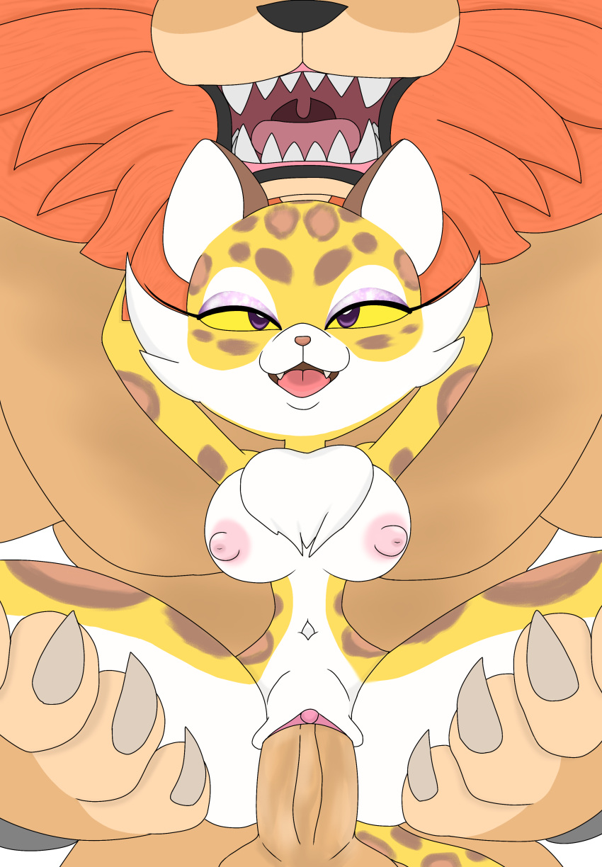 2022 abdominal_bulge absurd_res anthro anthro_on_anthro areola balls big_breasts breasts cheetah clawroline clitoris duo erect_nipples felid feline female genitals hi_res kirby_(series) larger_male leongar lion male male/female mammal nannan nintendo nipples open_mouth pantherine penetration penile penile_penetration penis_in_pussy sex sharp_teeth size_difference stand_and_carry_position standing standing_sex teeth tongue vaginal vaginal_penetration video_games