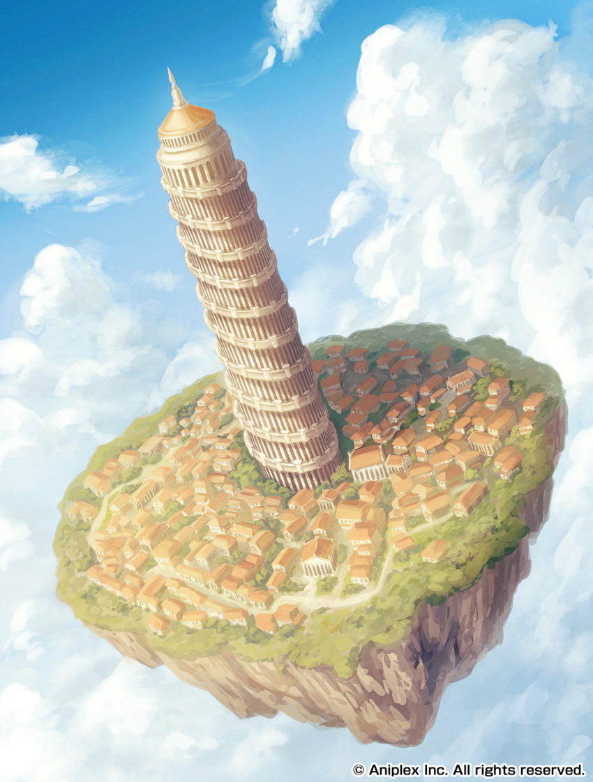 architecture blue_sky cloud cloudy_sky copyright_request dirt_road floating_island garutaisa highres nature pillar road rock scenery shade shadow sky sunlight tower town