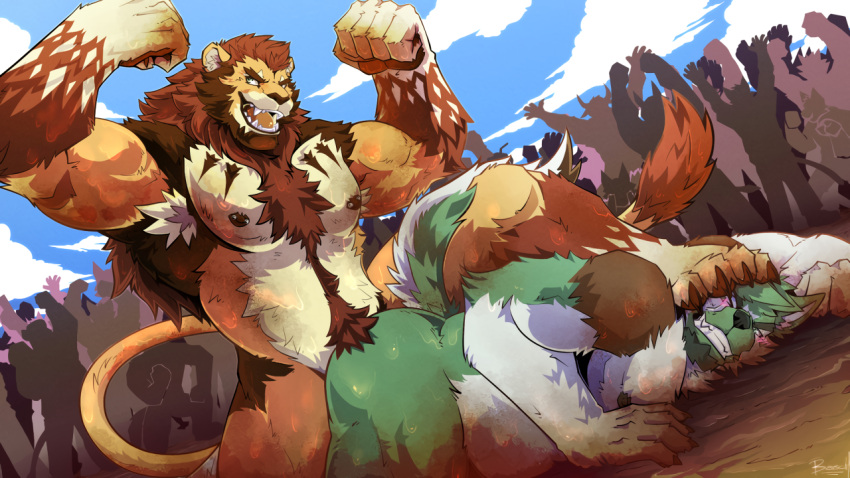 abs anal anal_penetration anthro armpit_hair barazoku basch biceps blush body_hair canid canine canis claws clenched_teeth cloud crowd detailed_background dipstick_tail dirt dominant dominant_male duo eyebrows fangs felid fighting_ring fist flexing flexing_both_biceps fluffy fluffy_tail foot_on_face fur green_body green_eyes green_fur grin group hairy happy_trail lion long_tail looking_aside male male/male mammal mane manly markings mud mud_pit mud_wrestling multicolored_body multicolored_fur muscular muscular_male nipple_piercing nipples orange_body orange_fur pantherine penetration penile penile_penetration penis_in_ass piercing pubes public public_sex sex short_tail sky smile spread_legs spreading tail_markings teeth thick_eyebrows toe_claws watermark white_body white_fur wolf wrestling yellow_eyes