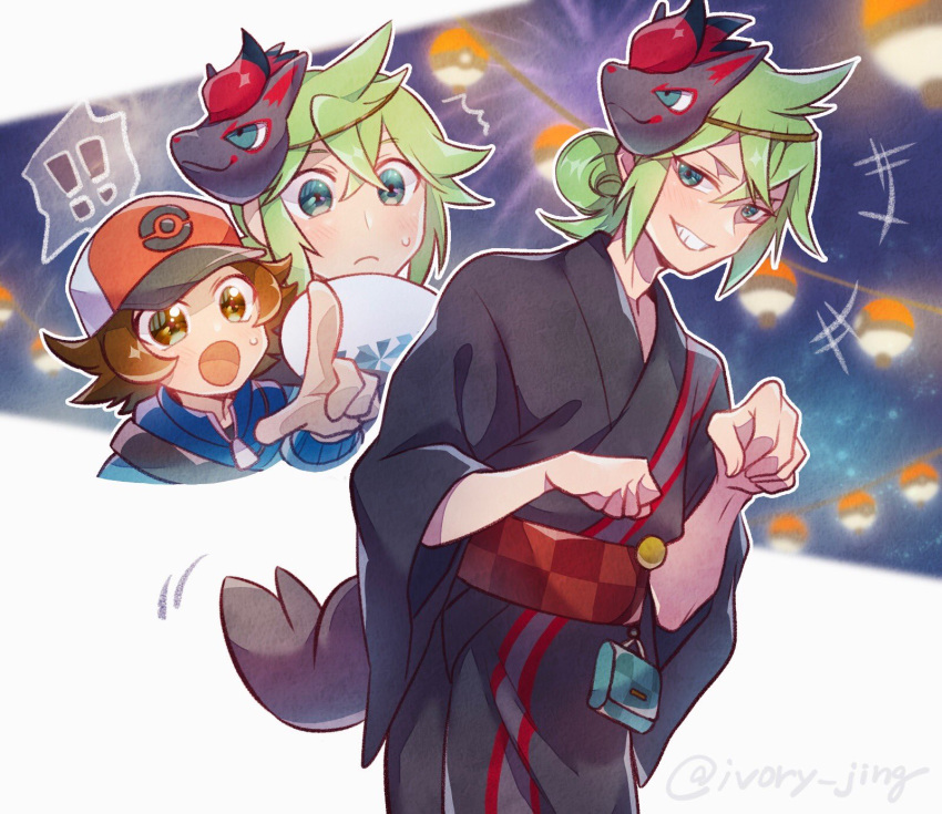 ! !! blue_eyes brown_hair claw_pose disguised_zorua green_hair hand_fan hat highres hilbert_(pokemon) illusion_(pokemon) ivory_(25680nico) lantern mask mask_on_head n_(pokemon) official_alternate_costume pointing poke_ball poke_ball_(basic) pokemon pokemon_(game) pokemon_masters_ex smirk sweat teeth zorua